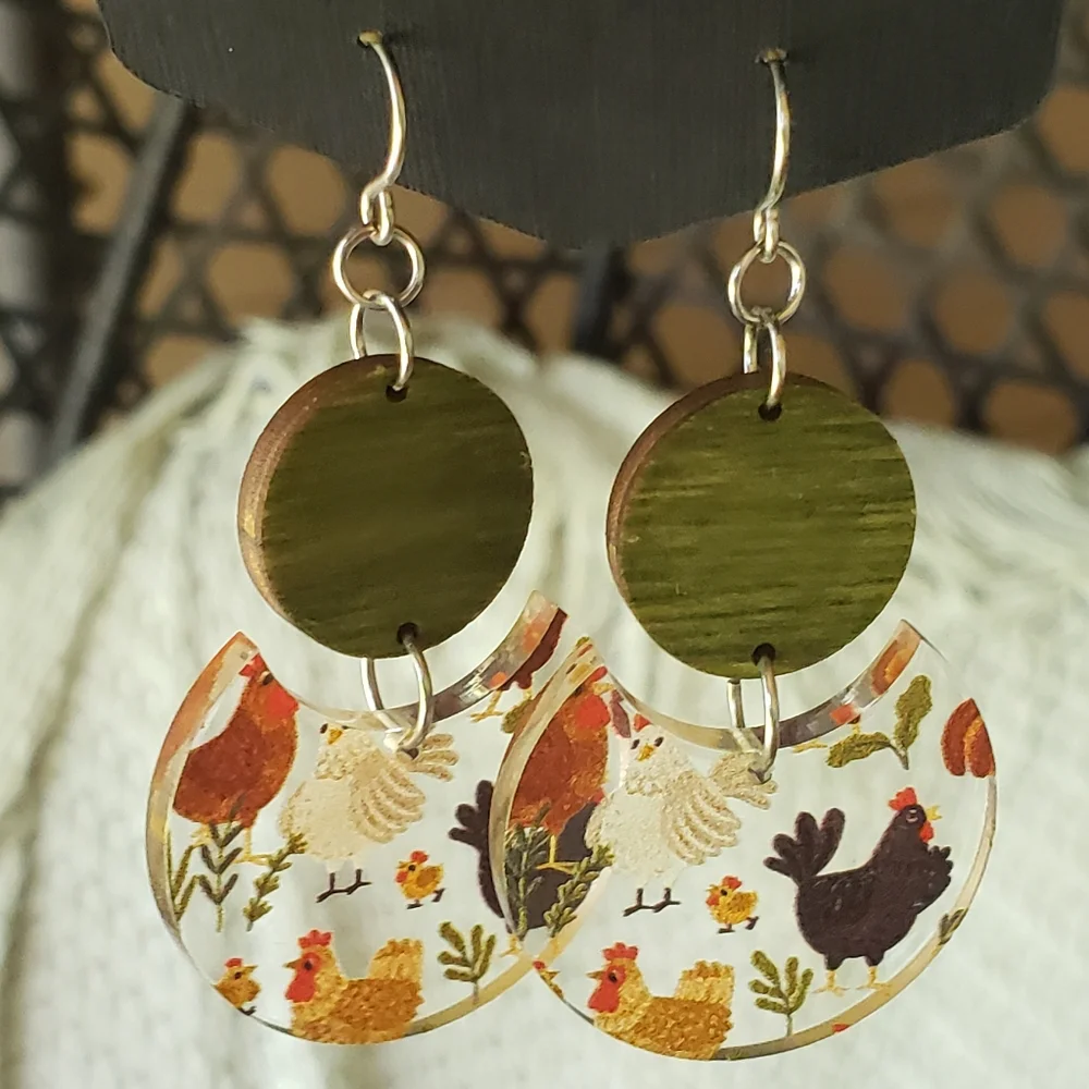 🐔 Chicken friends two-piece circular drop earrings 💚 - Picture 3 of 8